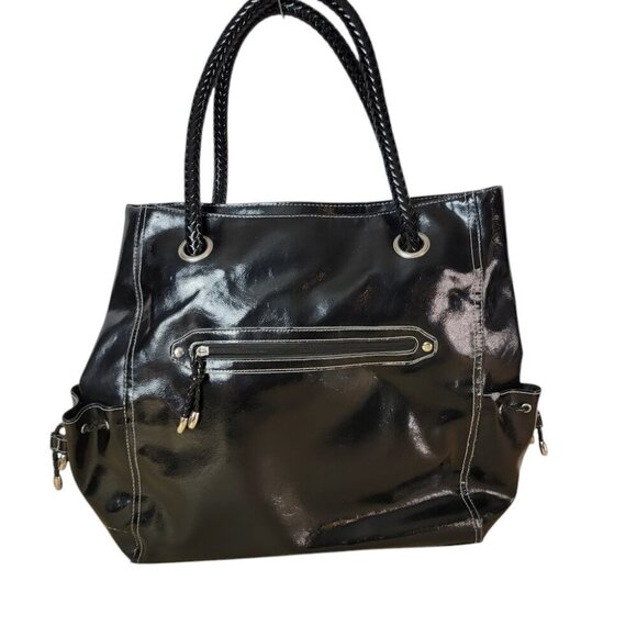 Black and Silver Faux Leather Tote Bag with Woven Handles - Picture 2 of 6